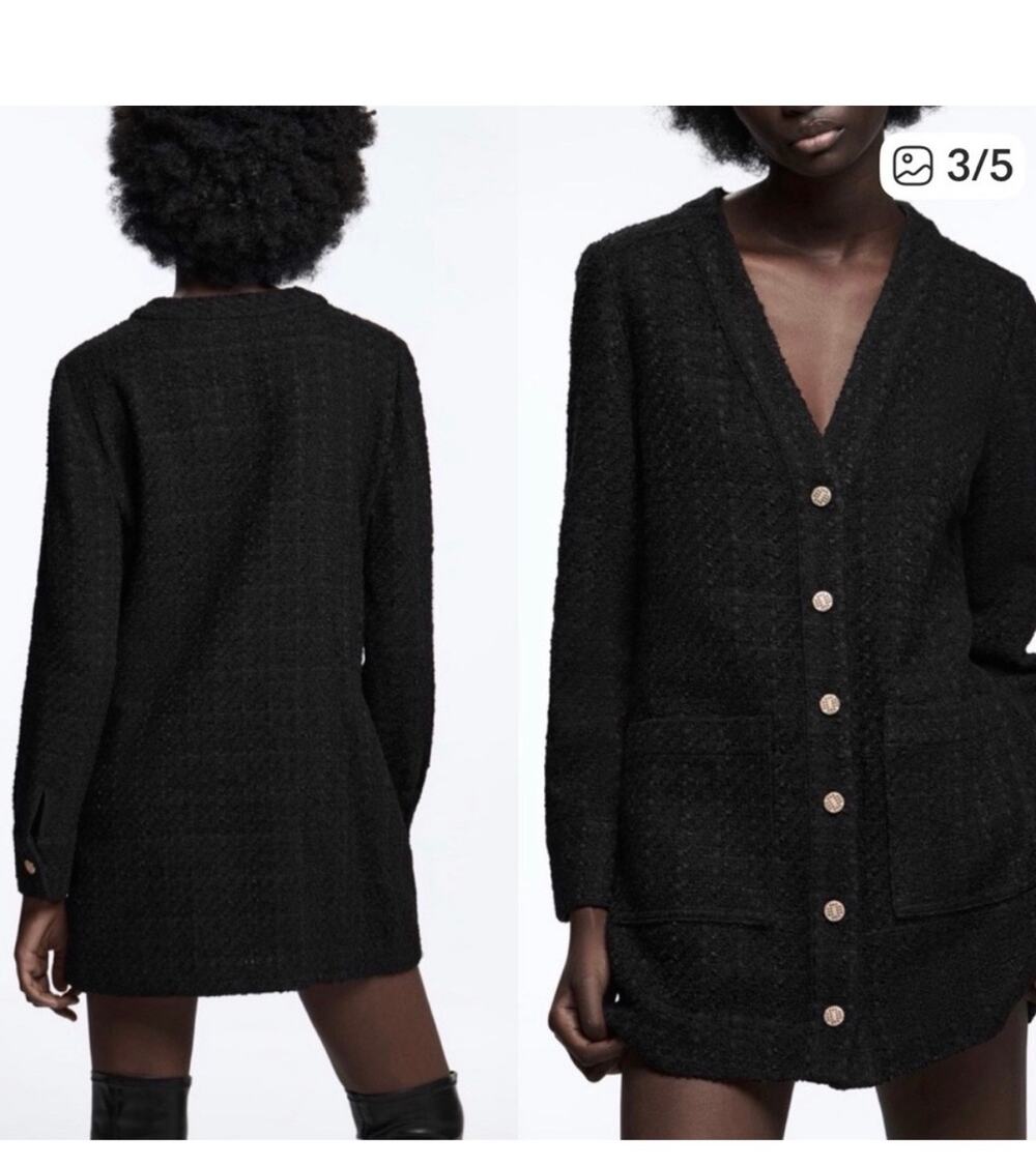 Chic black tweed mini coat dress by Zara. V-neck, long sleeves Medium